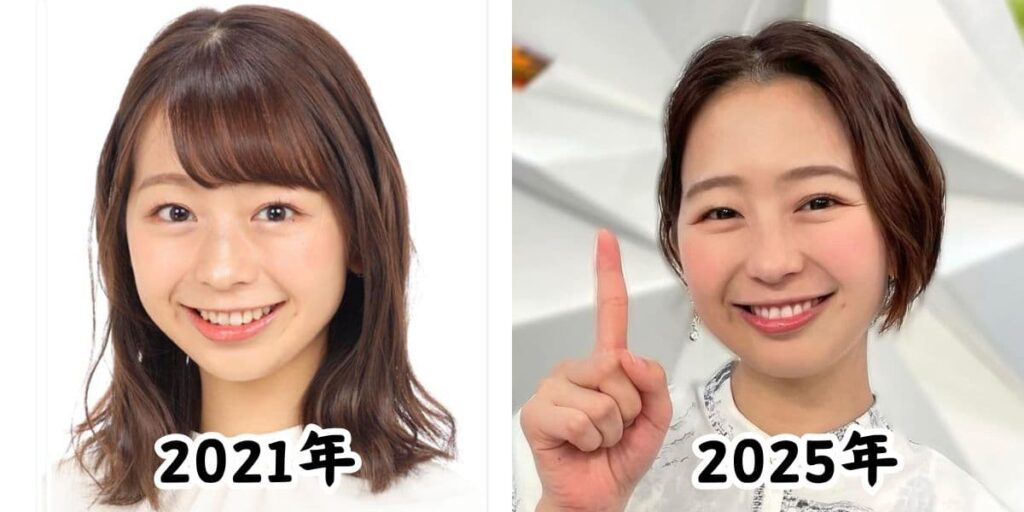 小室瑛莉子アナの痩せていた2021年フジテレビ入社時の姿と太ったと話題になった2025年の姿を比較した画像