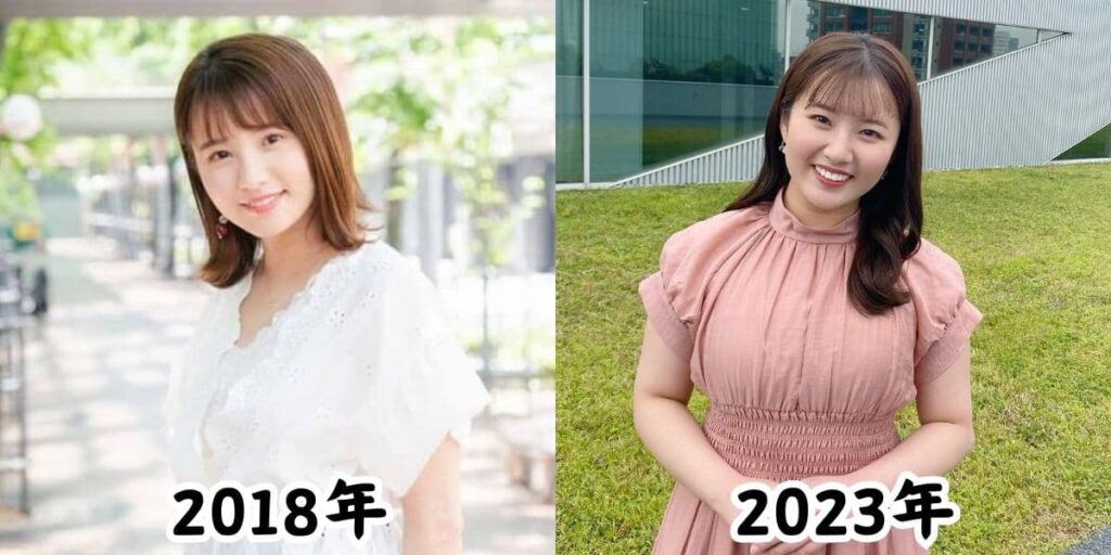 鷲尾千尋アナの痩せていた2018年大学生時代の姿と、太ったと話題になった2023年の姿を比較した画像