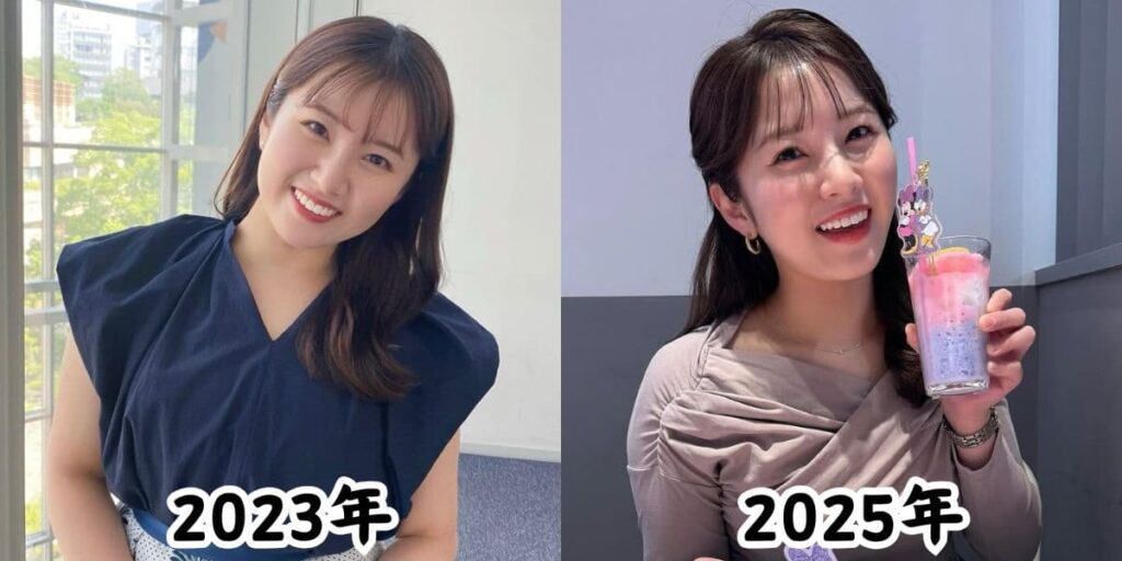 鷲尾千尋アナの太ったと話題になった2023年の姿と、痩せたと話題になった2025年の姿を比較した画像