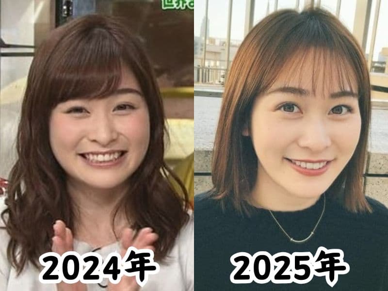 岩田絵里奈アナの太った2024年の姿と少し痩せた2025年の姿を比較した画像