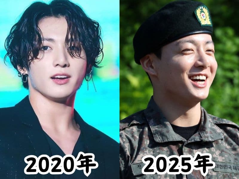 BTSジョングクさんの痩せていた2020年の姿と太ったと話題になった2025年除隊後の姿を比較した画像