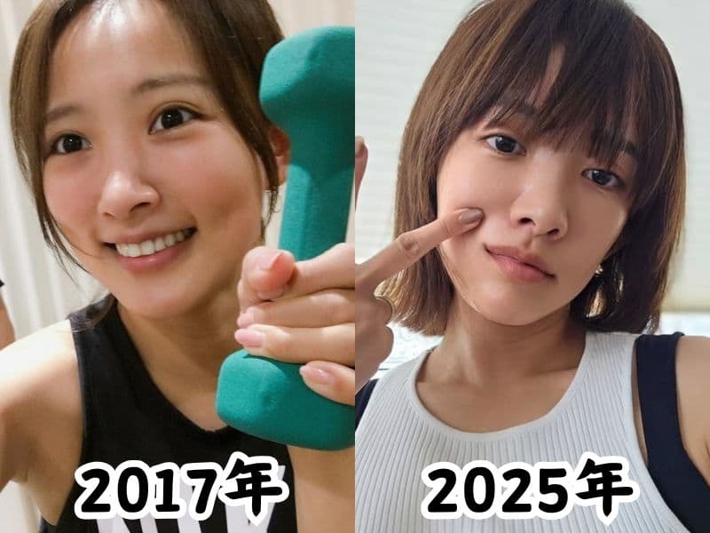 夏菜さんのふっくらしていた2017年の姿と瘠せたと話題になった2025年の姿を比較した画像