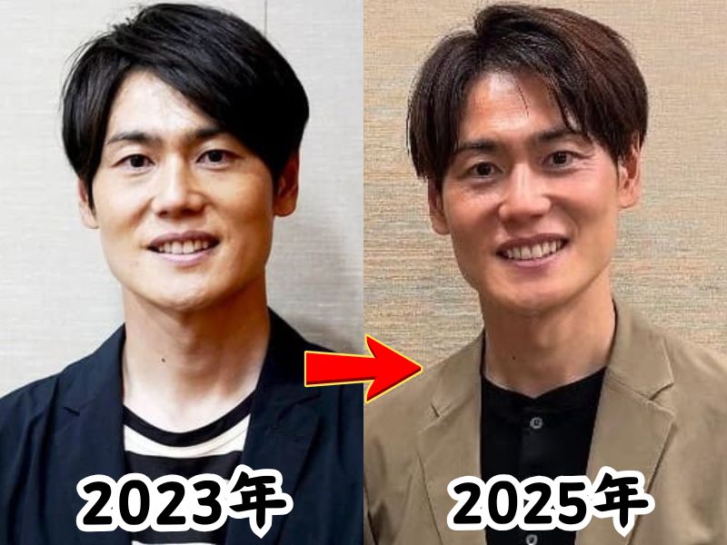 上重聡アナのふっくらしていた2023年の姿と瘠せたと話題になった2025年の姿を比較した画像
