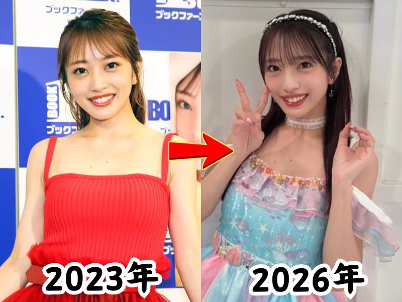 顔が変わったと話題になった元AKB48のメンバー向井地美音さんの2023年当時の姿を2026年最新の姿を比較した画像
