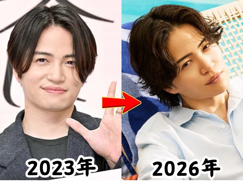 菊池風磨さんの太っていた2023年当時と、痩せた姿が話題となった2026年最新の姿を比較した画像