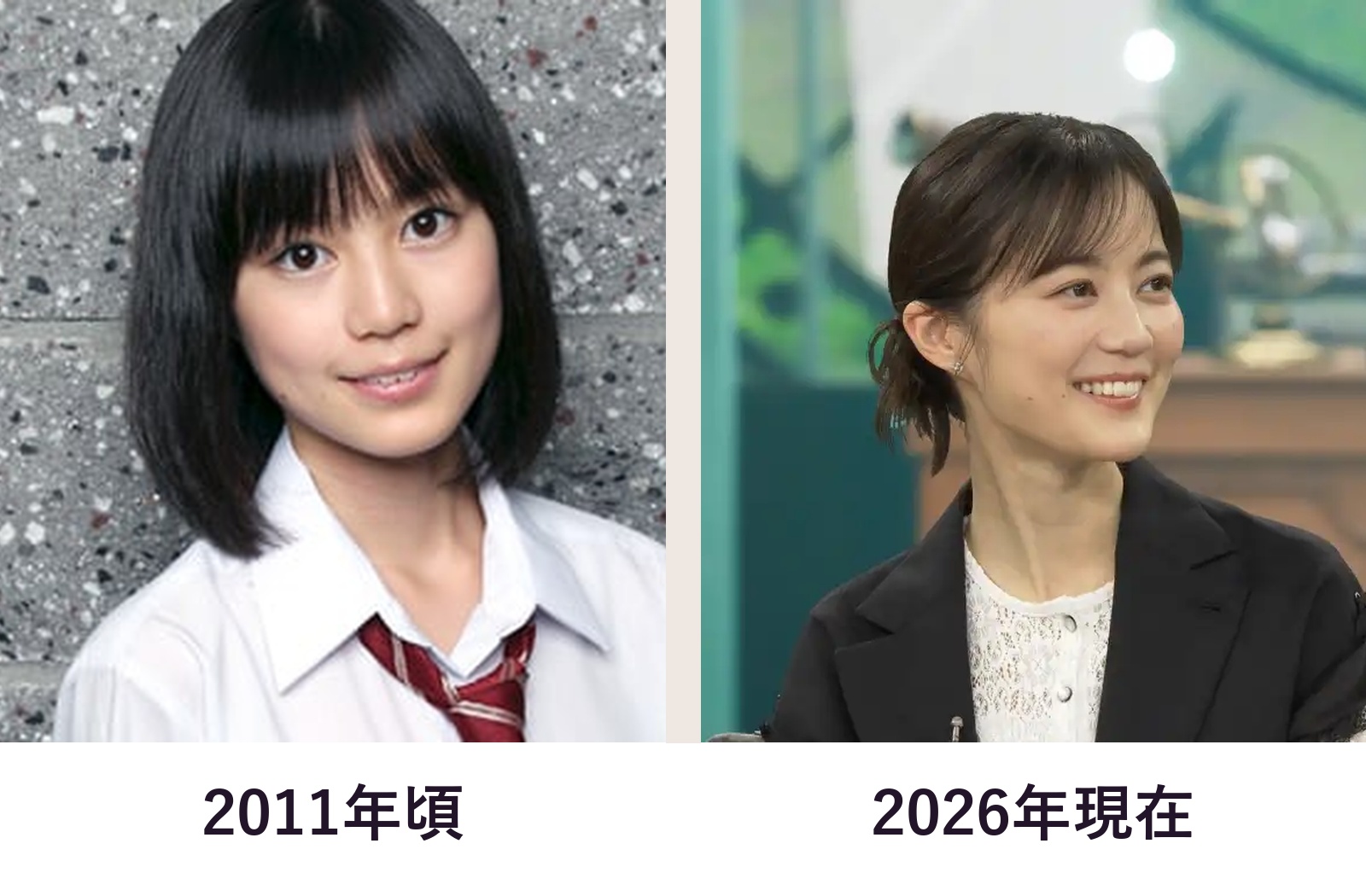 生田絵梨花さんの2011年頃と2026年現在の顔まわりを比較した画像