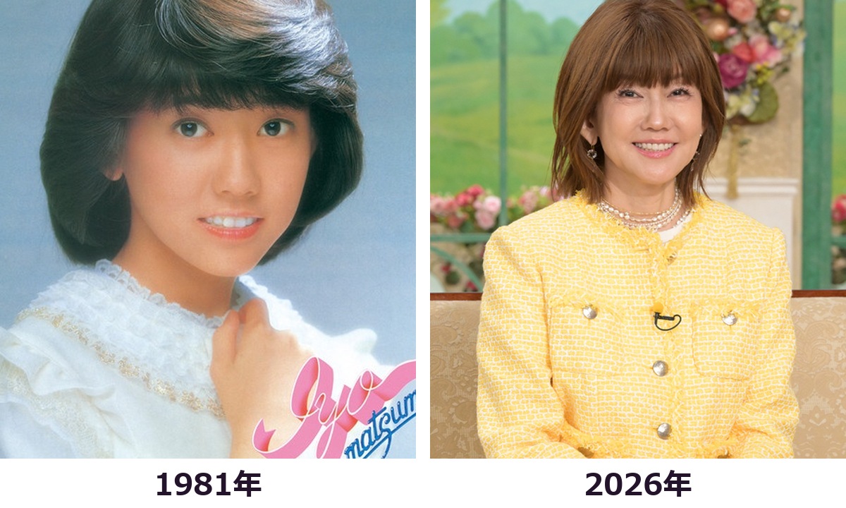 松本伊代さんの1981年と2026年を頭から胸まで比較した画像