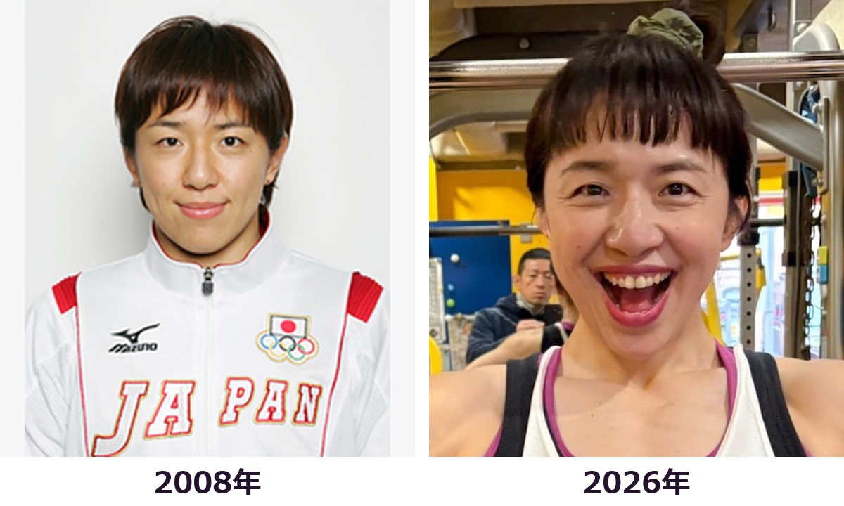 浜口京子さんの2008年と2026年の顔まわりと上半身を比較した画像