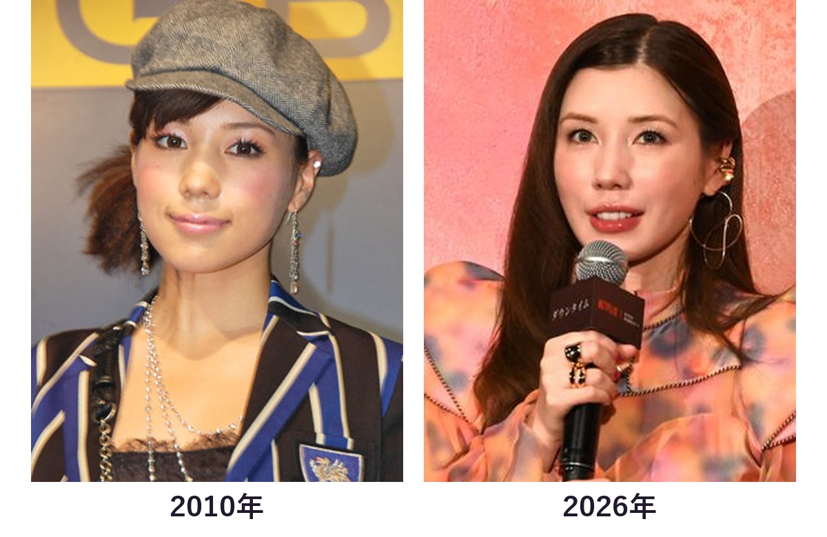仲里依紗さんの2010年と2026年現在を頭から胸まで同じ範囲で比較した画像
