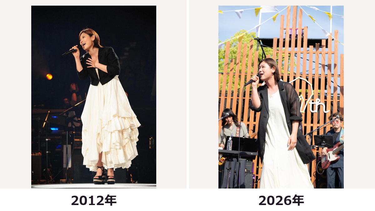 絢香さんの2012年と2026年現在の全身を比較した画像