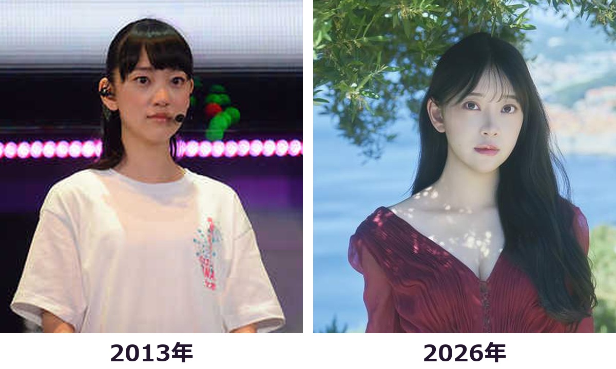 堀未央奈さんの2013年と2026年現在を頭から胸まで同じ範囲で比較した画像