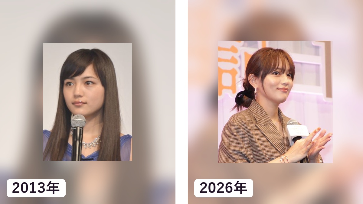 川口春奈さんの2013年と2026年現在を頭から胸付近で比較した画像