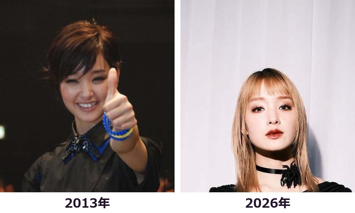 剛力彩芽さんの2013年と2026年を頭から胸まで比較した画像