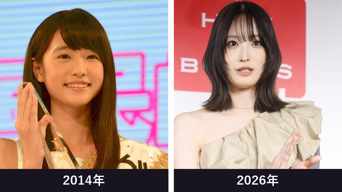 高橋ひかるさんの2014年と2026年現在を頭から胸まで同じ範囲で比較した画像