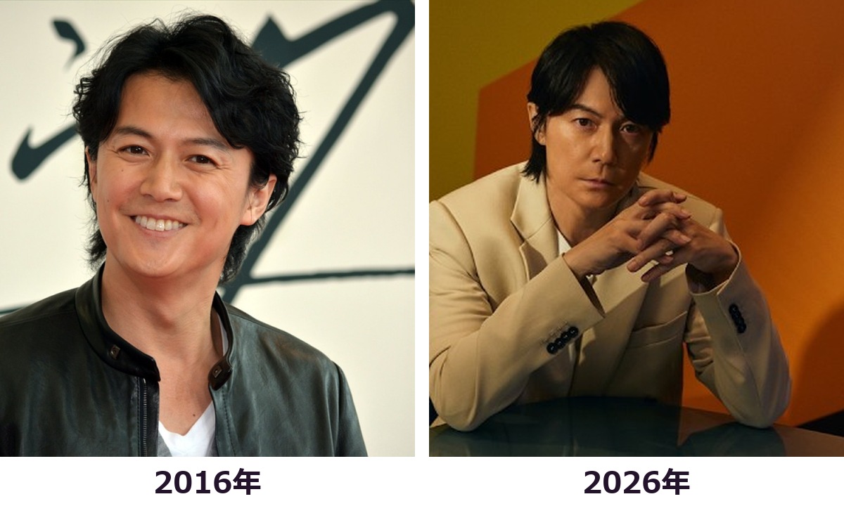 福山雅治さんの2016年と2026年の顔まわりと上半身を比較した画像