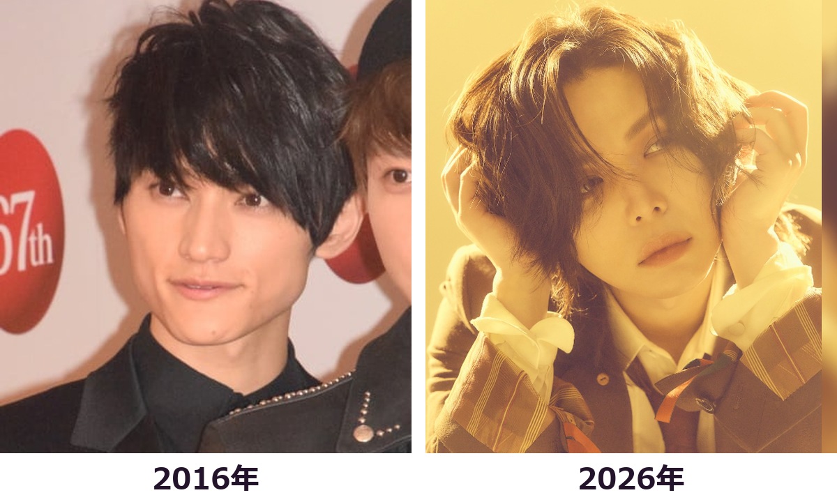末吉秀太さんの2016年と2026年現在を頭から胸まで同じ範囲で比較した画像