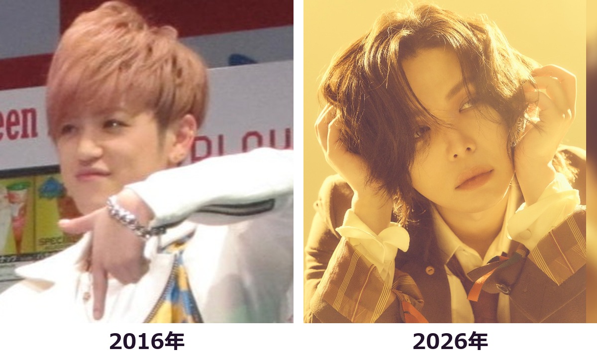 末吉秀太さんの2016年と2026年を頭から胸まで比較した画像