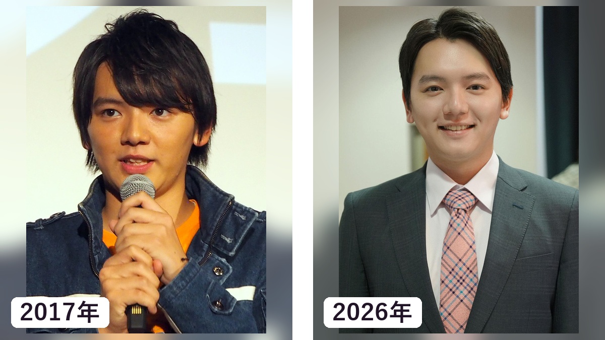 濱田龍臣さんの2017年と2026年現在を頭から胸付近で比較した画像
