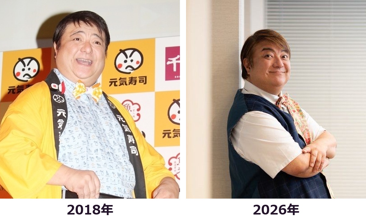 彦摩呂さんの2018年と2026年の顔まわりと上半身を比較した画像