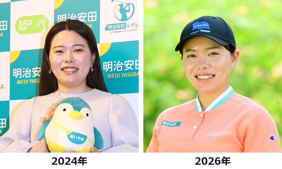 勝みなみさんの2024年と2026年の顔まわりと上半身を比較した画像