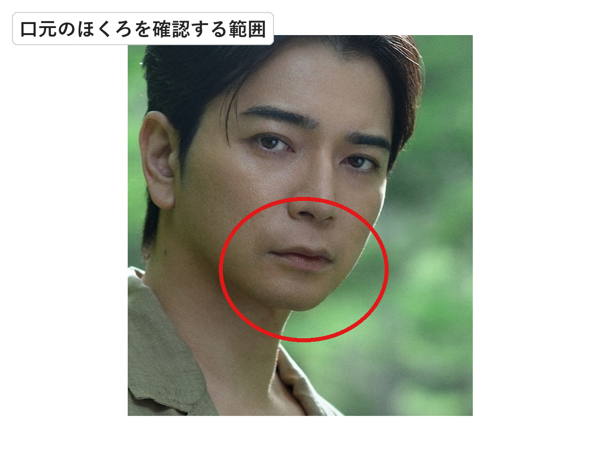 現在の松本潤の口元でほくろを確認する範囲を赤丸で示した画像