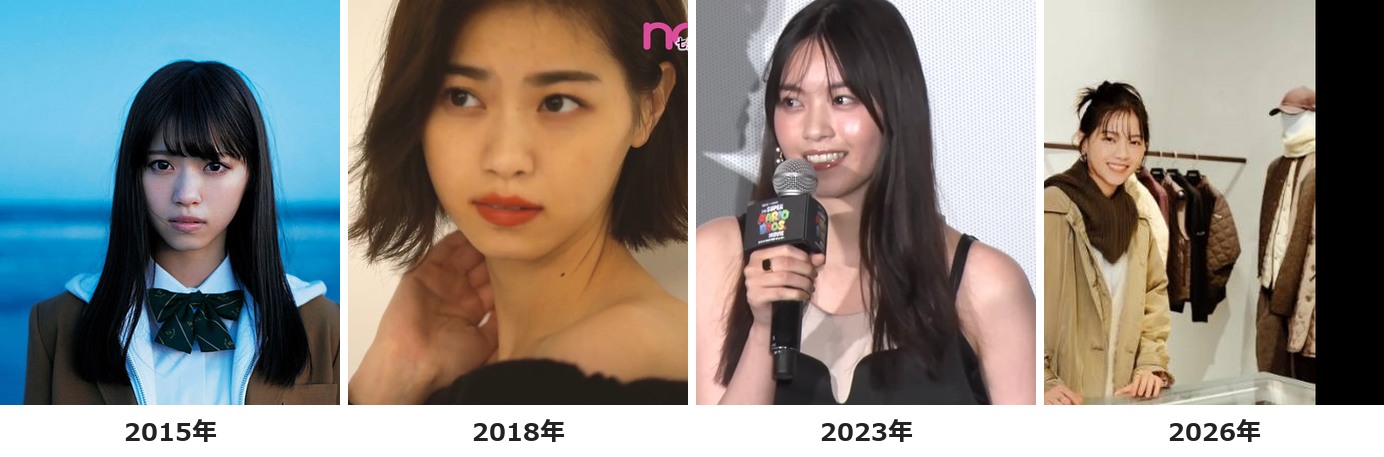 西野七瀬さんの2015年・2018年・2023年・2026年の前髪を横並びで比較