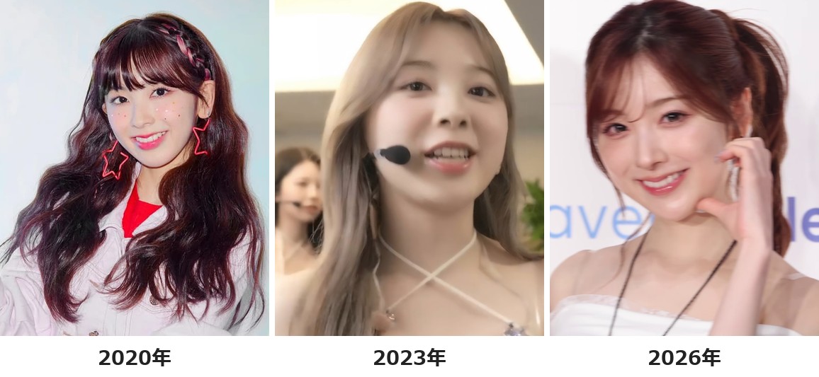 NiziUミイヒさんの2020年のぱっつん前髪・2023年の前髪なし・2026年の流し前髪を横並びで比較