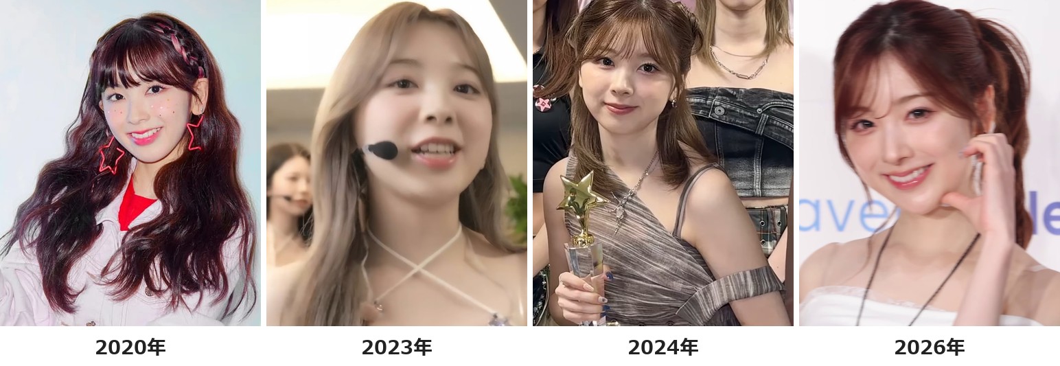 NiziUミイヒさんの2020年・2023年・2024年・2026年の髪型を横並びで比較