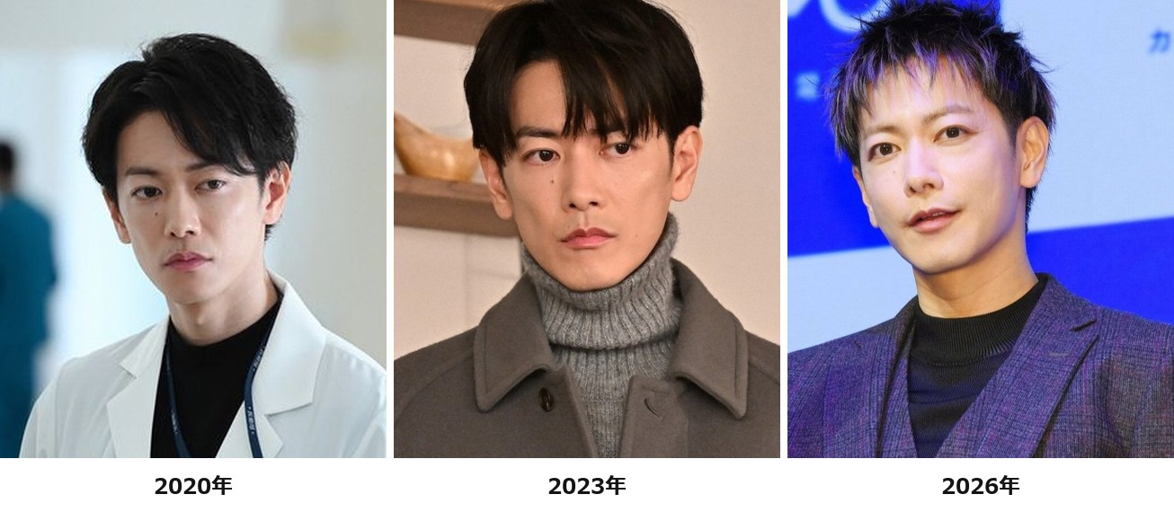 佐藤健さんの2020年センターパート・2023年前髪あり・2026年アップバングを横並びで比較