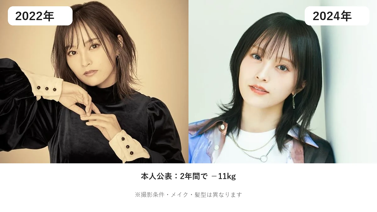 山本彩の2022年と2024年の顔を2年間11kg減量前後で画像比較